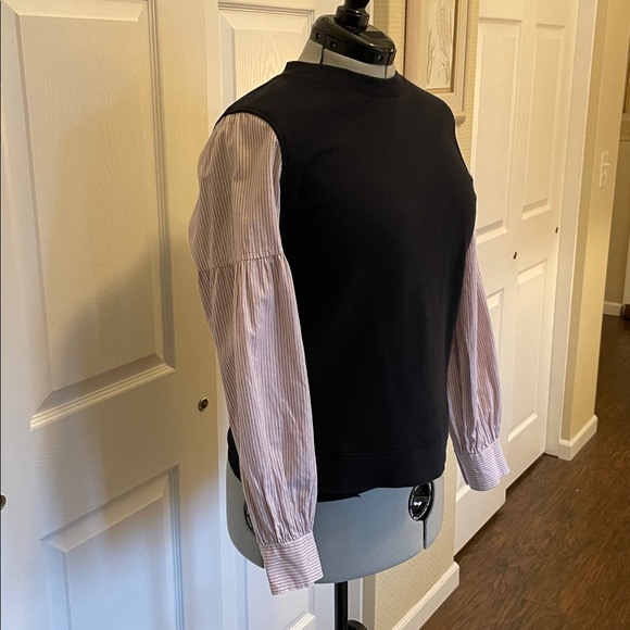 Derek Lam Black Mixed Media Top with Pink Striped Sleeves. - Picture 3 of 8